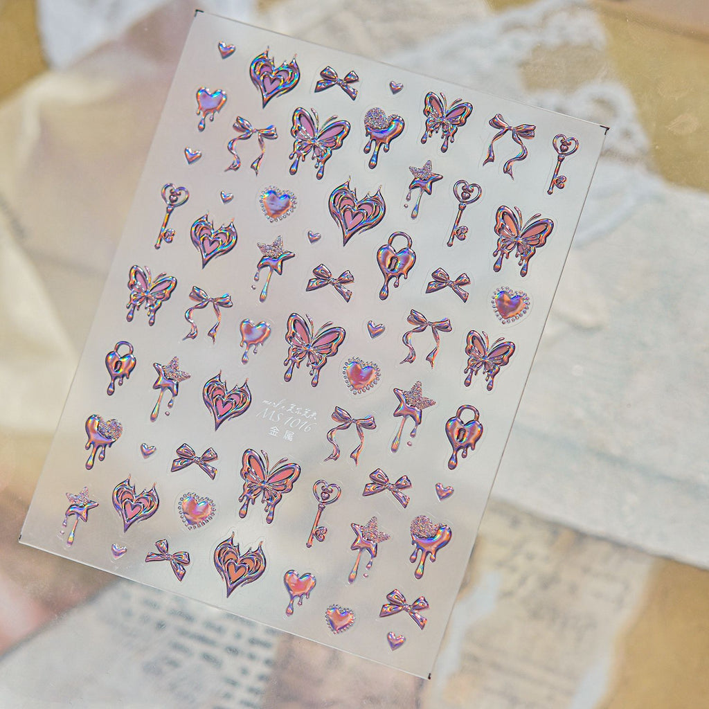 3D Metallic Cyber Goth Butterfly Heart Nail Stickers Chrome Decals 1016