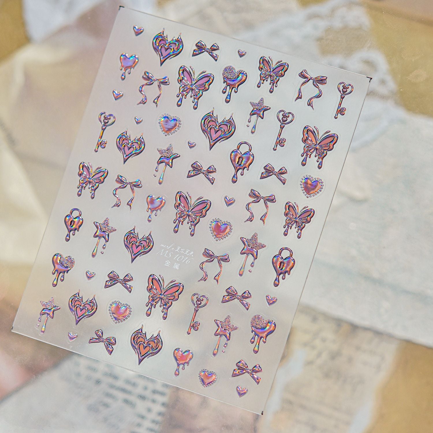3D Metallic Cyber Goth Butterfly Heart Nail Stickers Chrome Decals 1016