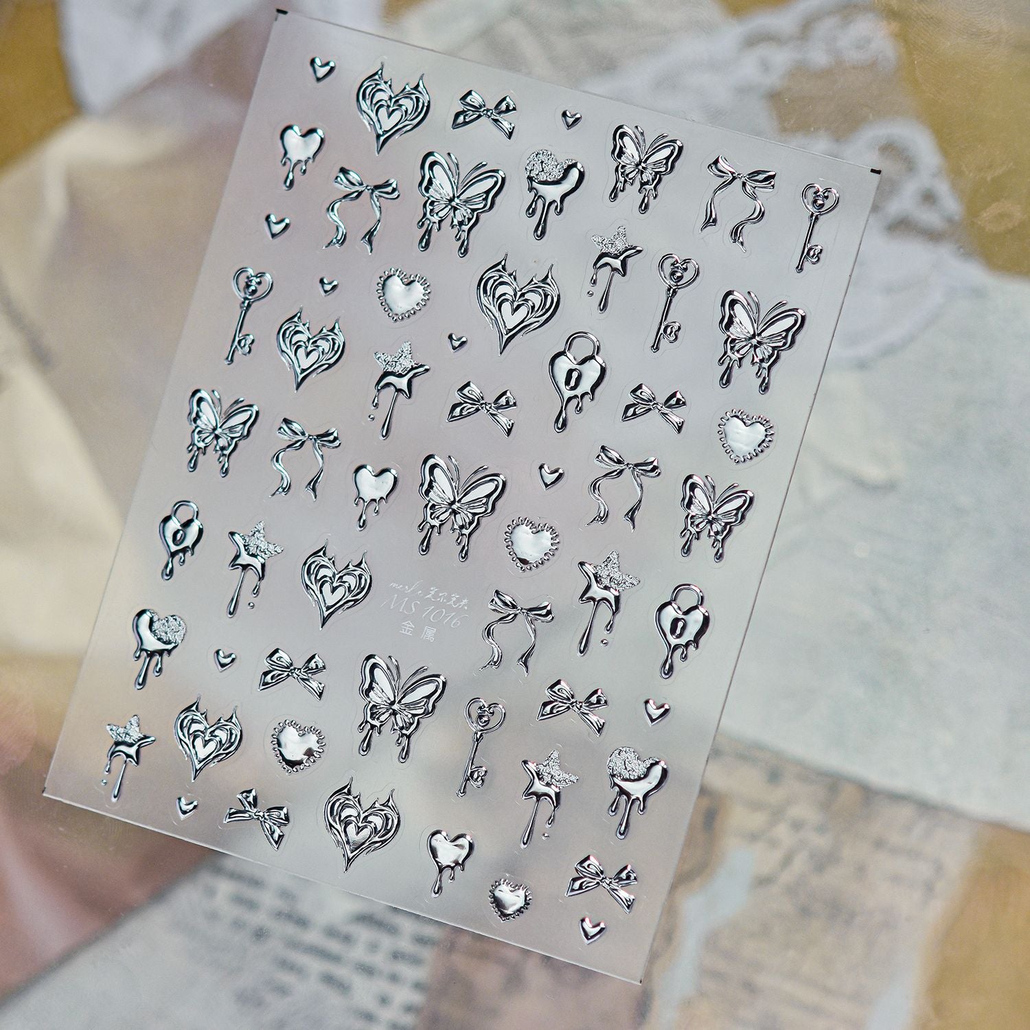 3D Metallic Cyber Goth Butterfly Heart Nail Stickers Chrome Decals 1016