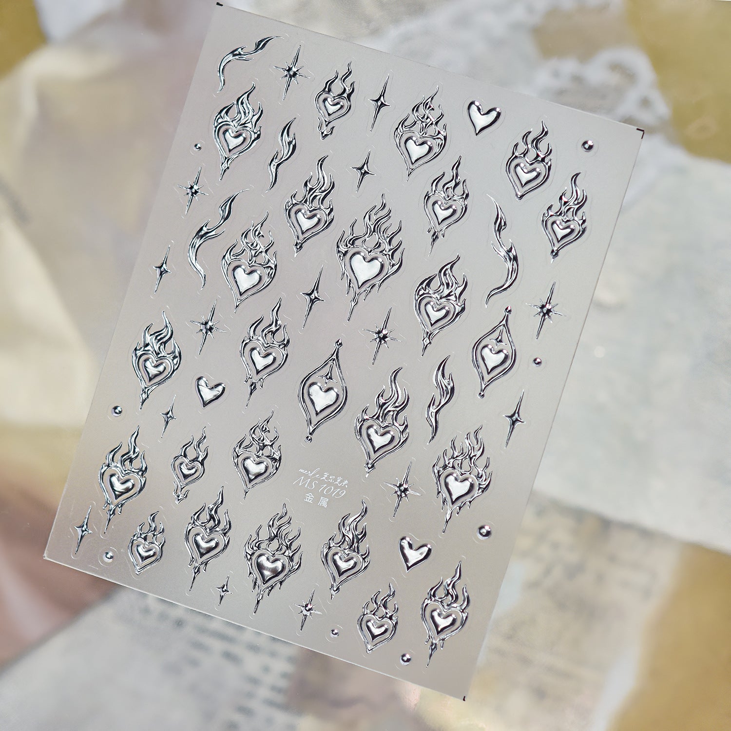 3D Metallic Cyber Goth Butterfly Heart Nail Stickers Chrome Decals 1016