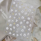 White Flower 3D Nail Stickers - Gold Silver Accent Floral Decals 1022