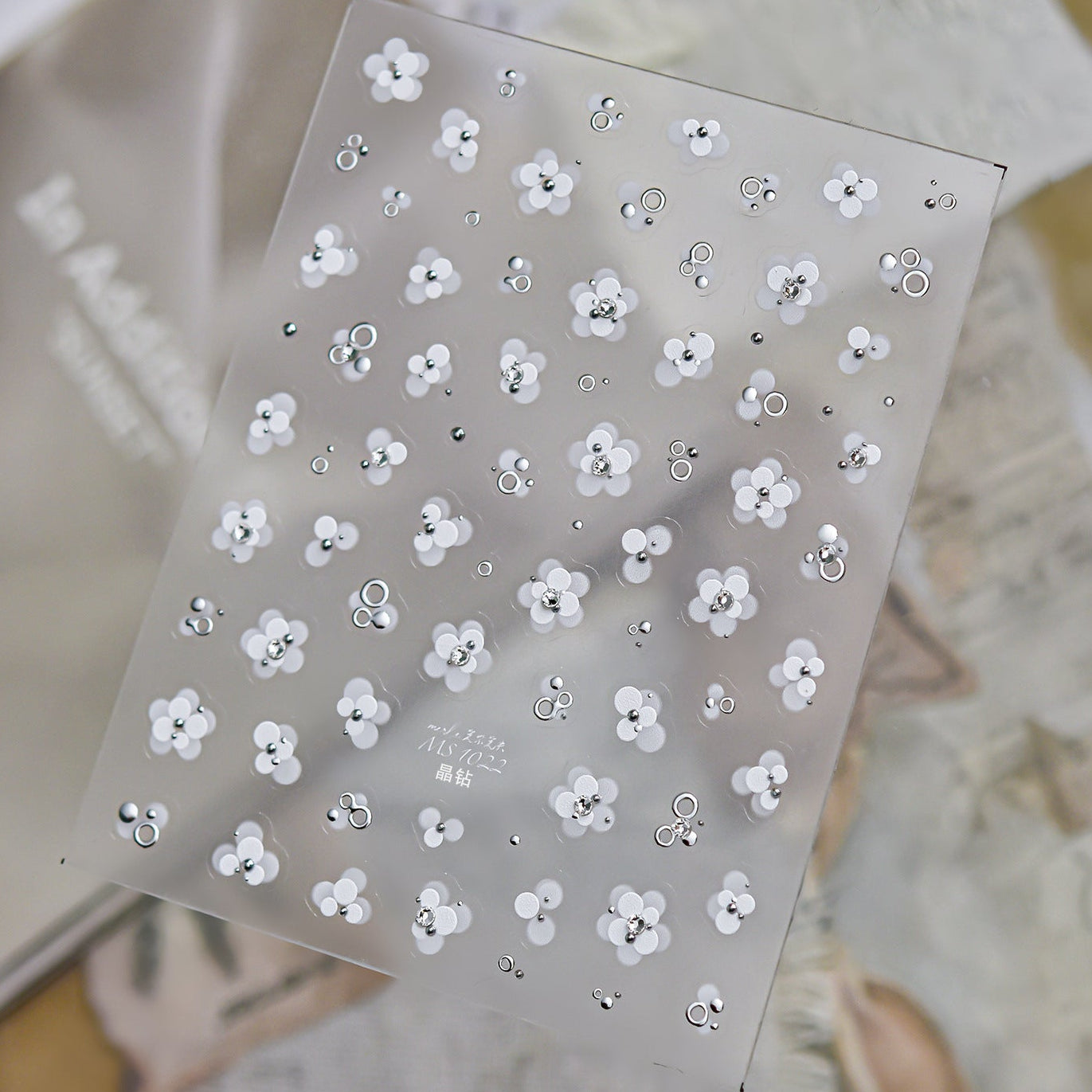 White Flower 3D Nail Stickers - Gold Silver Accent Floral Decals 1022