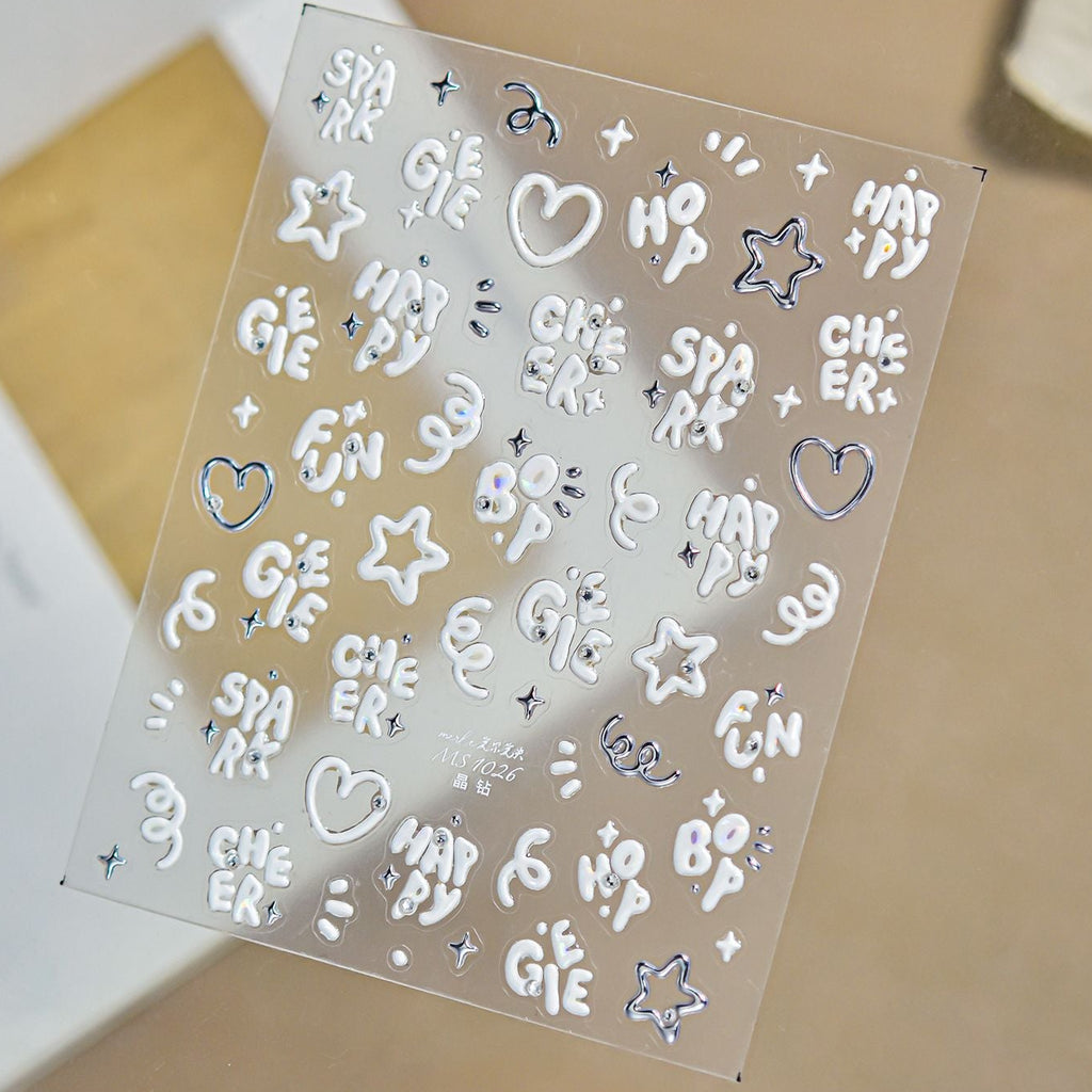 3D Puffy White Nail Stickers - Y2K Chrome Star & Heart Decals