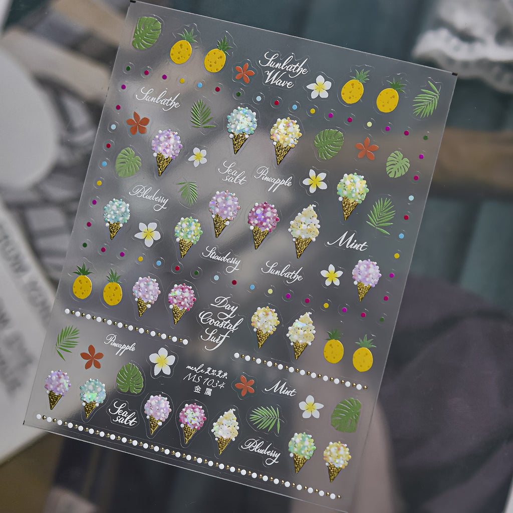 3D Summer Ice Cream & Tropical Nail Stickers - Kawaii Dessert Decals 1034