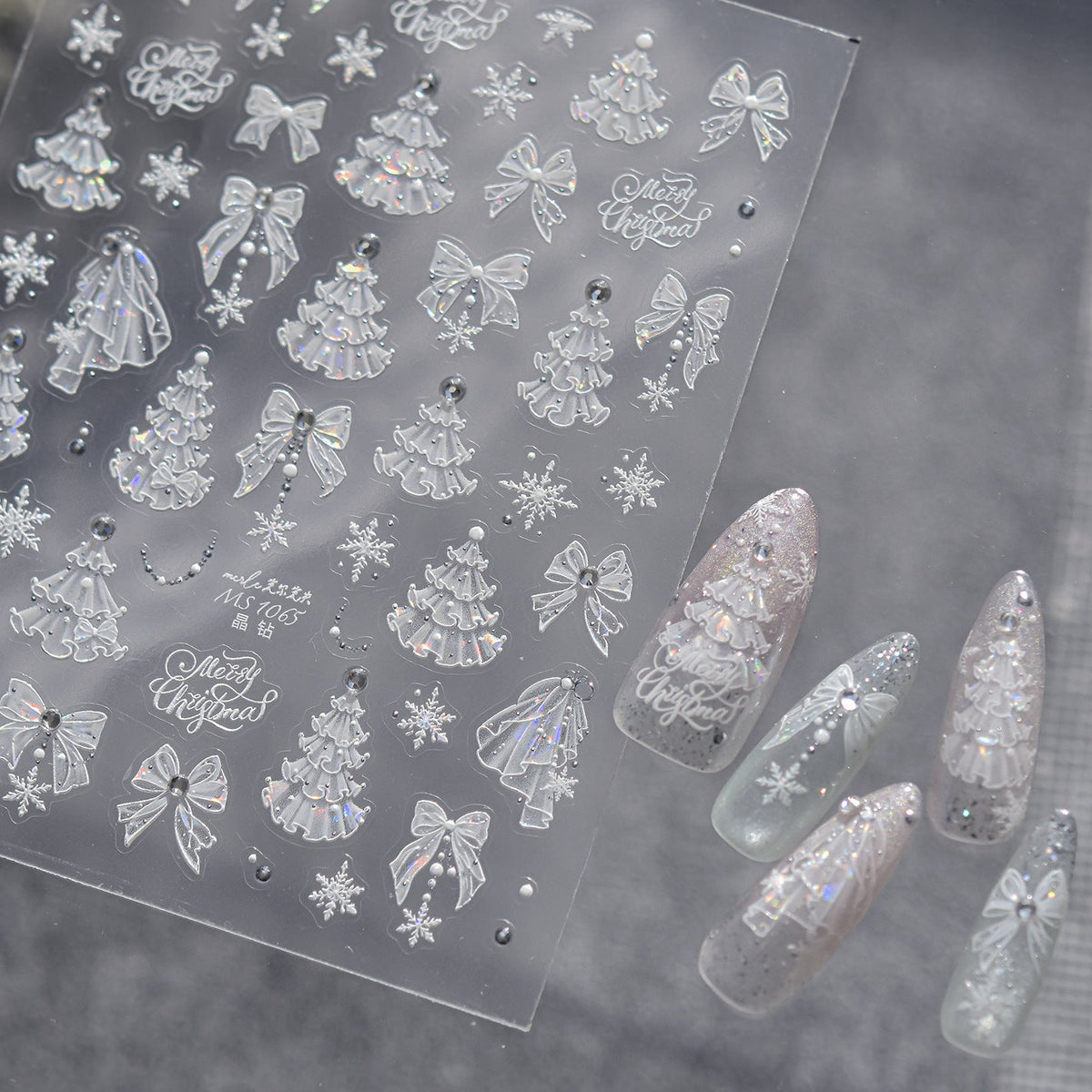 3D Luxury Christmas Nail Stickers - Elegant Bows, Pearls, Snowflakes Series 