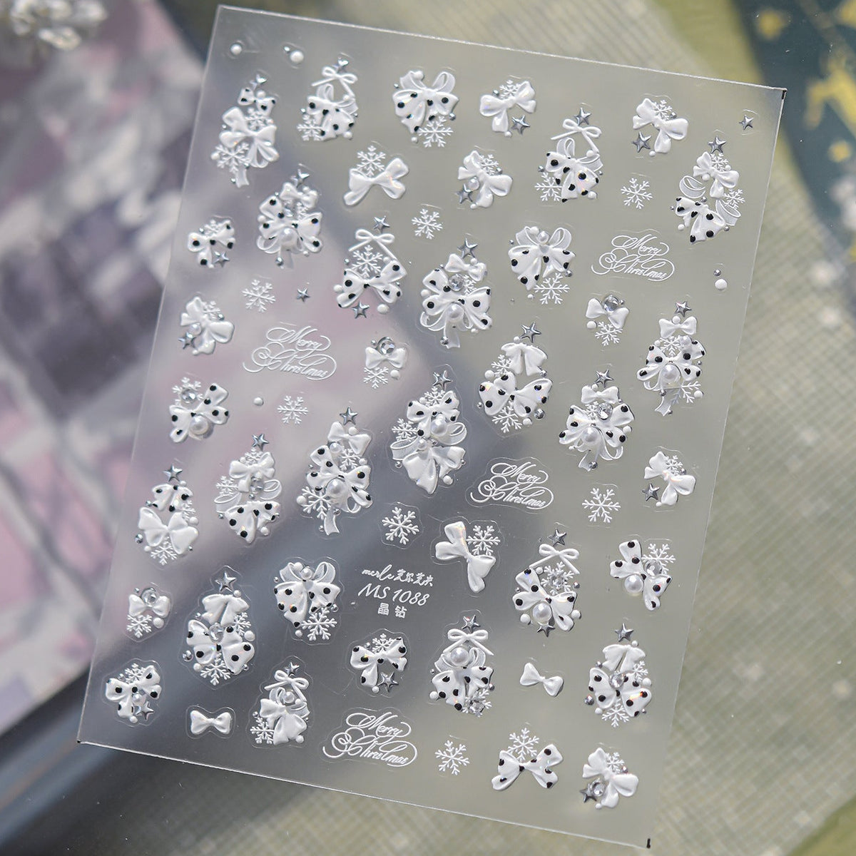 3D Luxury Christmas Nail Stickers - Elegant Bows, Pearls, Snowflakes Series 