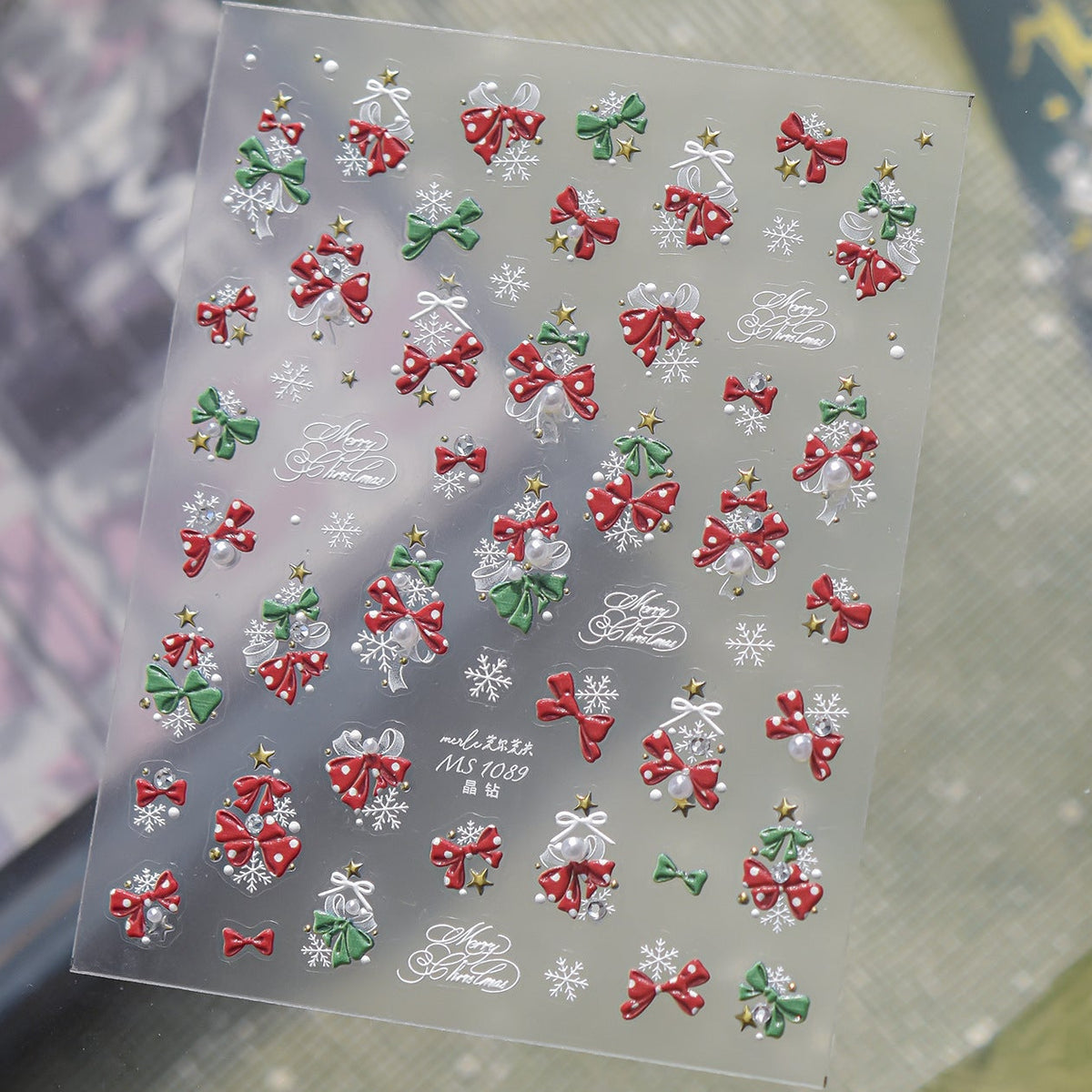 3D Luxury Christmas Nail Stickers - Elegant Bows, Pearls, Snowflakes Series 