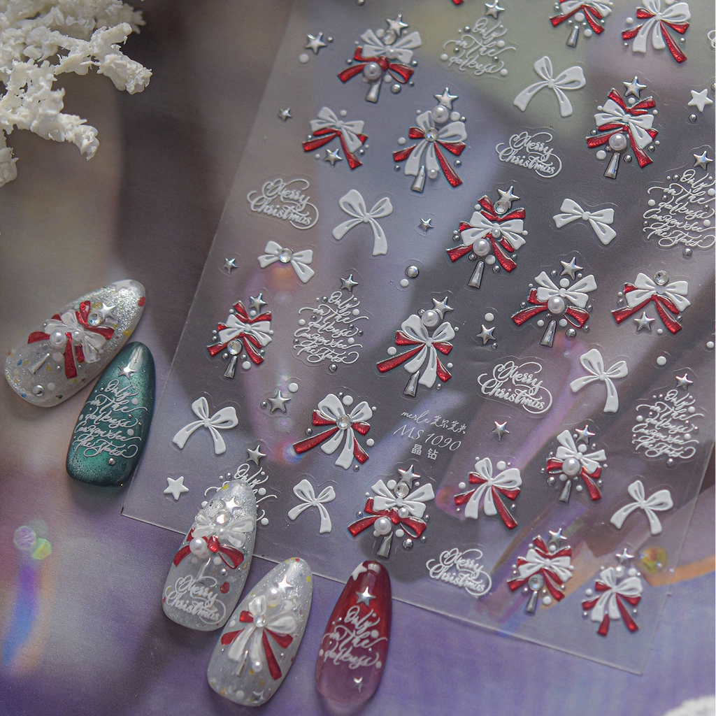 Christmas Tree & Bow Pearl Nail Stickers 