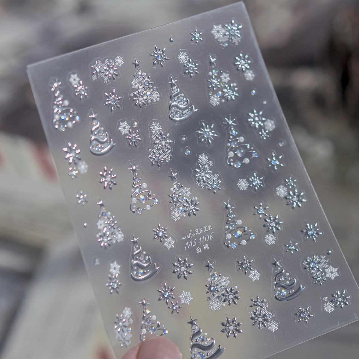Metallic Christmas Nail Stickers Silver Xmas Tree Snowflake Decals 1104
