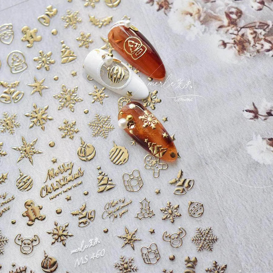 Metal Snowflake Nail Art Stickers Adhesive Embossed Laser Snowman Sticker Decals MS460 Gold