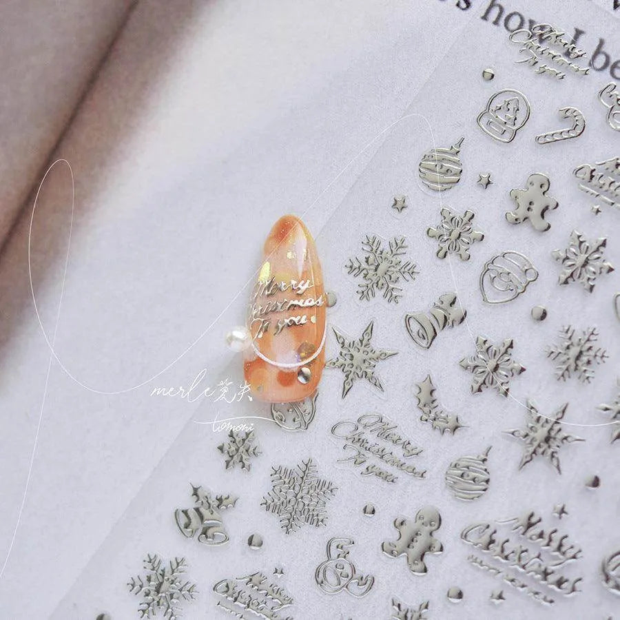 Metal Snowflake Nail Art Stickers Adhesive Embossed Laser Snowman Sticker Decals MS460 Silver
