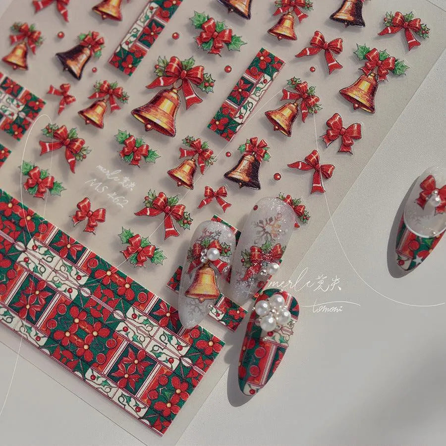 Christmas Bell Nail Art Stickers Adhesive Embossed Bow Knot Sticker Decals MS462