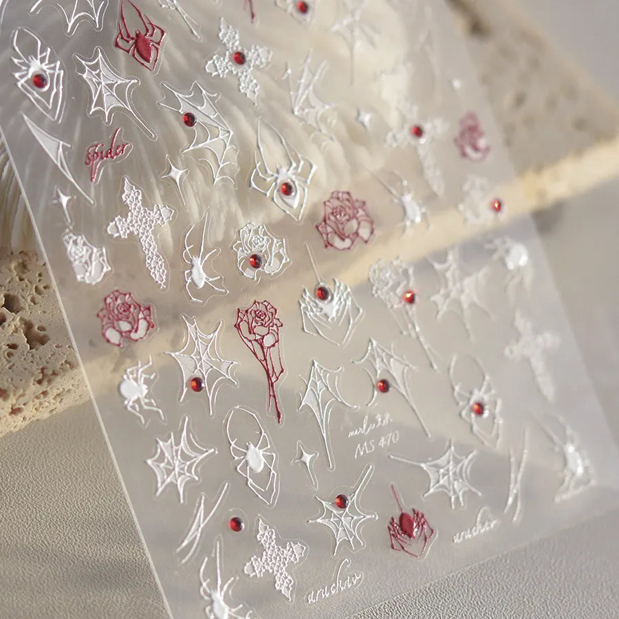 3D Gothic Spider Nail Stickers | Dark Romance Rose & Cross Rhinestone Nail Decals