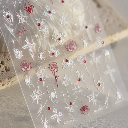 3D Gothic Spider Nail Stickers | Dark Romance Rose & Cross Rhinestone Nail Decals
