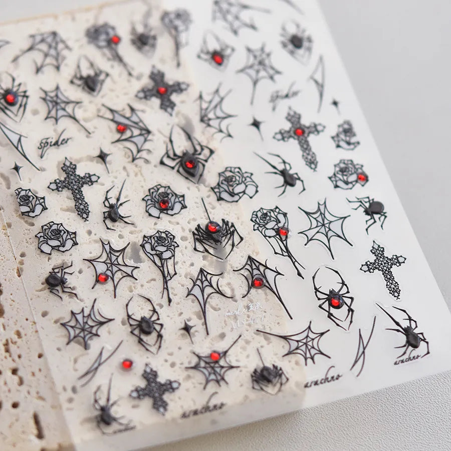 3D Gothic Spider Nail Stickers | Dark Romance Rose & Cross Rhinestone Nail Decals