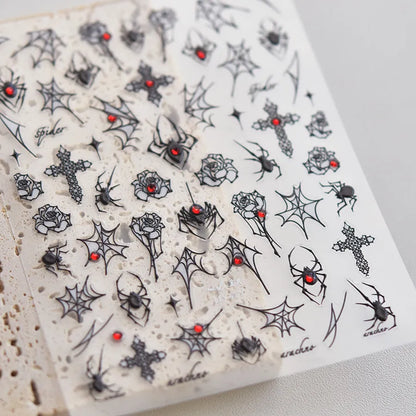 3D Gothic Spider Nail Stickers | Dark Romance Rose & Cross Rhinestone Nail Decals