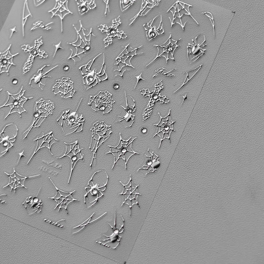 3D Gothic Spider Nail Stickers | Dark Romance Rose & Cross Rhinestone Nail Decals