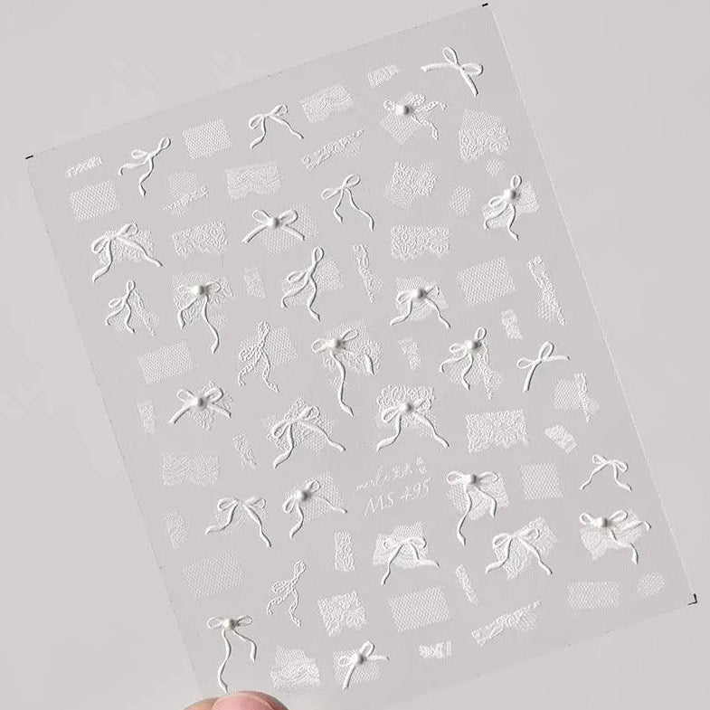 White Lace Bow Nail Art Stickers Adhesive Embossed Sticker Decals MS495 pearl
