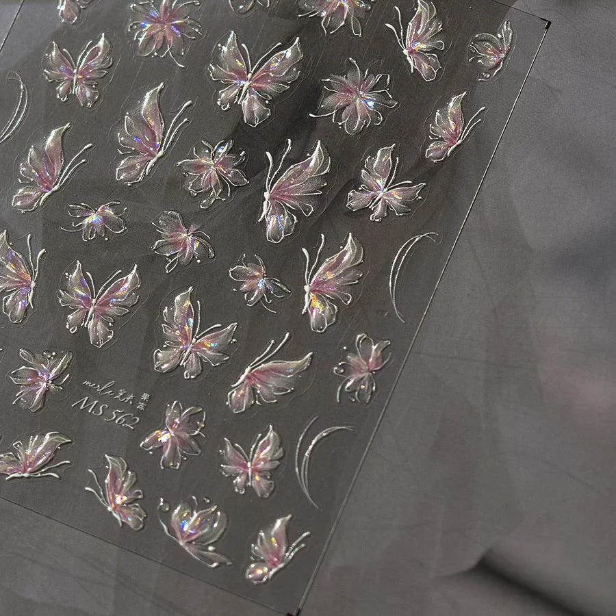 Aurora Light Butterfly Nail Art Stickers Adhesive Embossed Pink Wing Design Sticker Decals MS562 Jelly