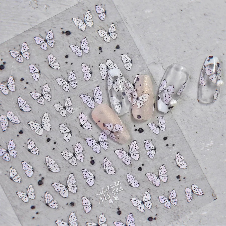 Black White Butterfly Nail Sticker Speckled Butterfly Wings Adhesive Sticker Decals MS584