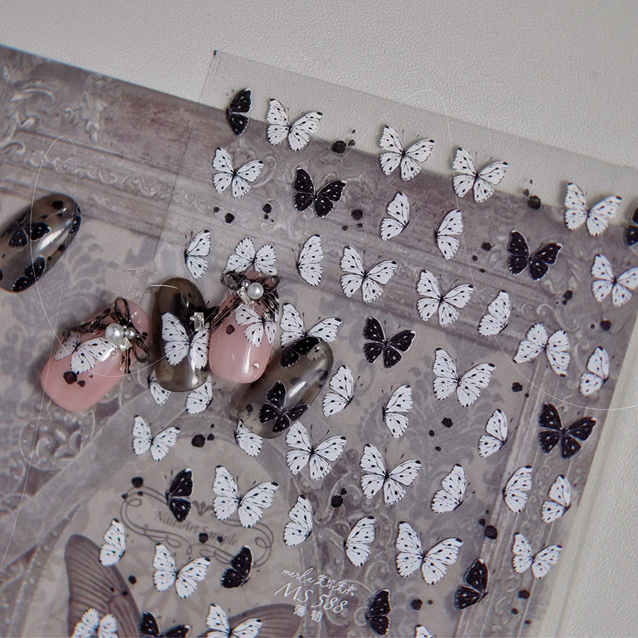 Black White Butterfly Nail Sticker Speckled Butterfly Wings Adhesive Sticker Decals MS588