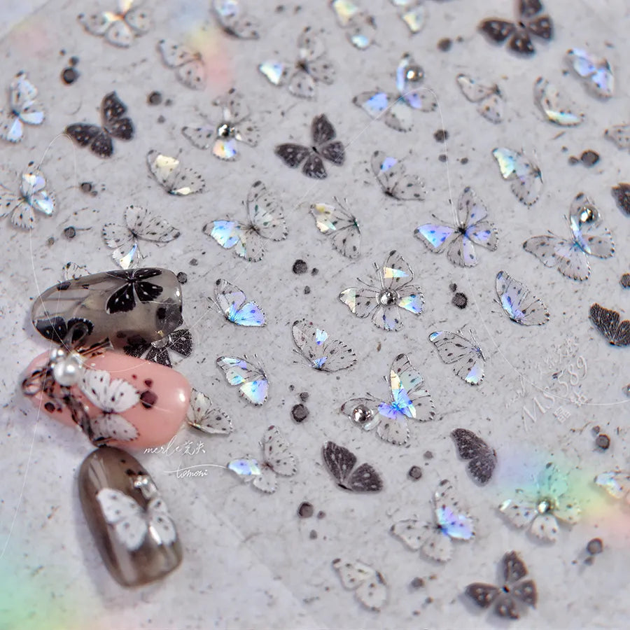 Black White Butterfly Nail Sticker Speckled Butterfly Wings Adhesive Sticker Decals MS589