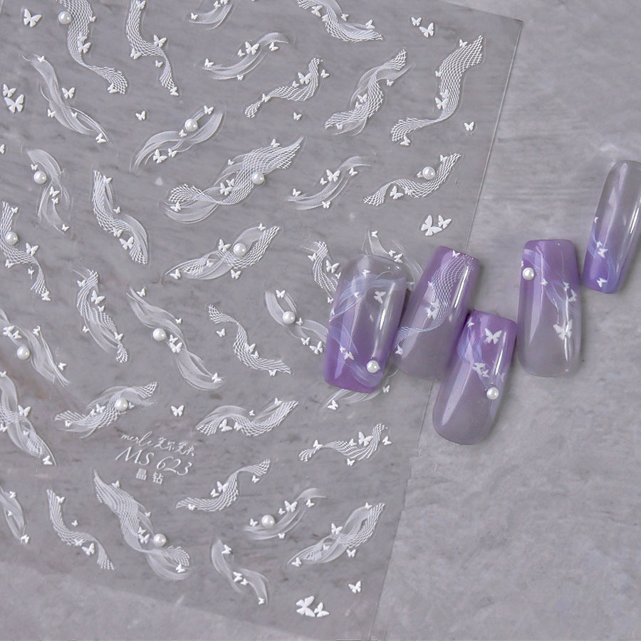White Lace Nail Art Stickers Lace Bow Pearl Wedding Sticker Decals