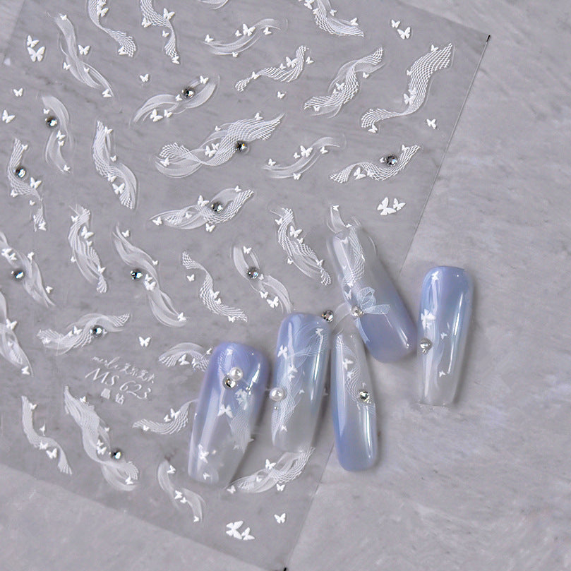 White Lace Nail Art Stickers Lace Bow Pearl Wedding Sticker Decals