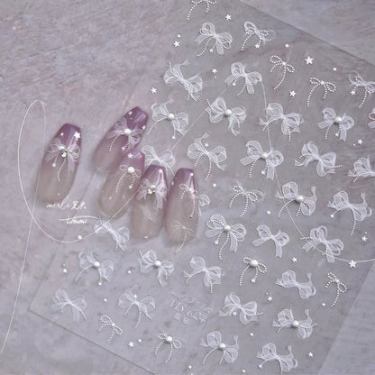 White Lace Nail Art Stickers Lace Bow Pearl Adhesive Embossed Sticker Decals MS624 pearl