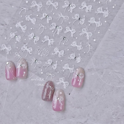 White Lace Nail Art Stickers Lace Bow Pearl Adhesive Embossed Sticker Decals MS624 rhinestone