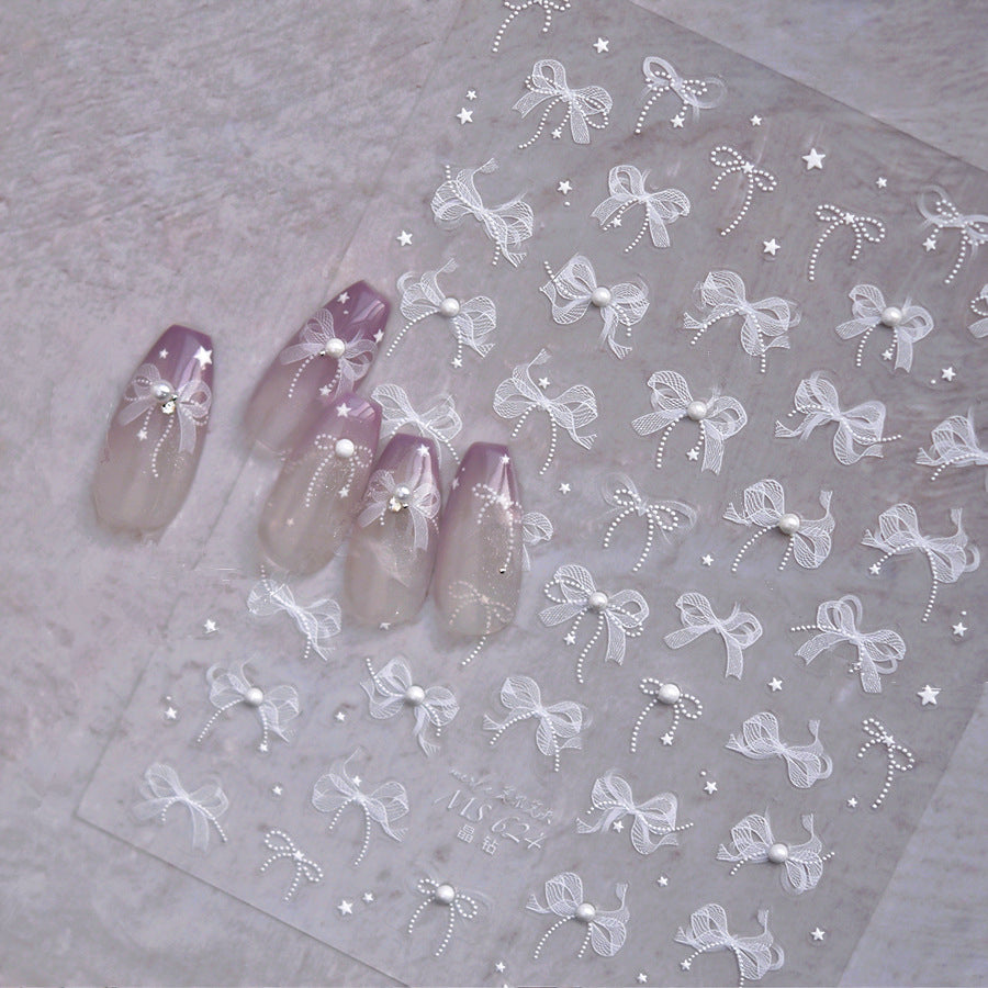 White Lace Nail Art Stickers Lace Bow Pearl Wedding Sticker Decals