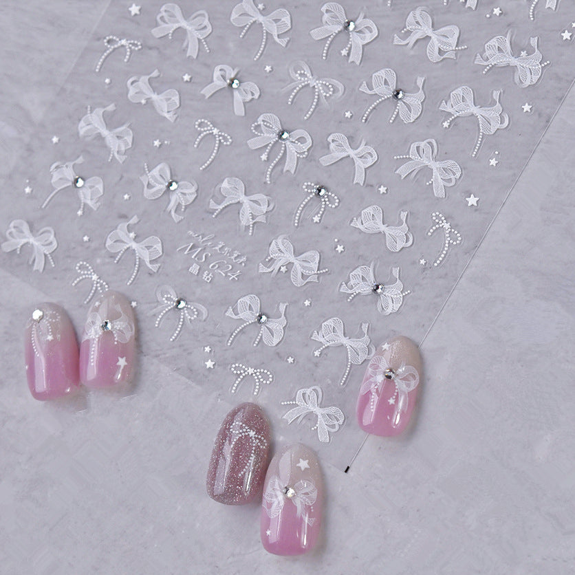 White Lace Nail Art Stickers Lace Bow Pearl Wedding Sticker Decals