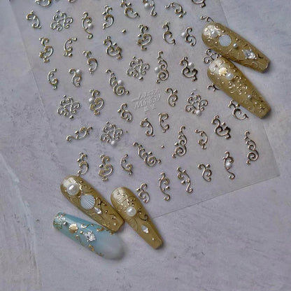 Metal Effect Nail Art Stickers Gold Silver Totem Pattern Adhesive Embossed Sticker Decals MS639 gold
