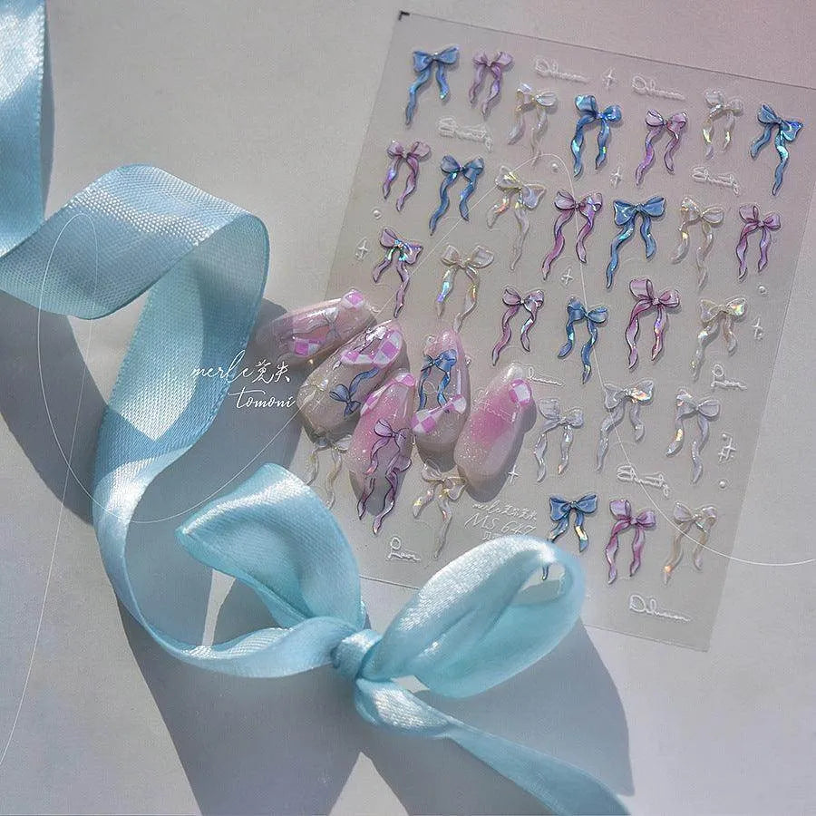 Laser Bowknot Nail Art Stickers Adhesive Shell Light Ribbon Bow Embossed Sticker Decals MS647 shell light