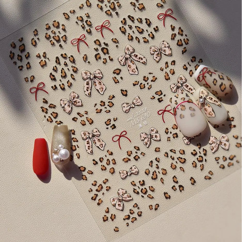 Nail Art Stickers Pink Leopard Bow Knot Adhesive Sticker Decals MS690