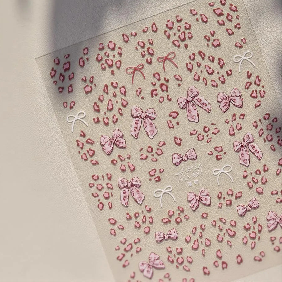 Nail Art Stickers Pink Leopard Bow Knot Adhesive Sticker Decals MS691