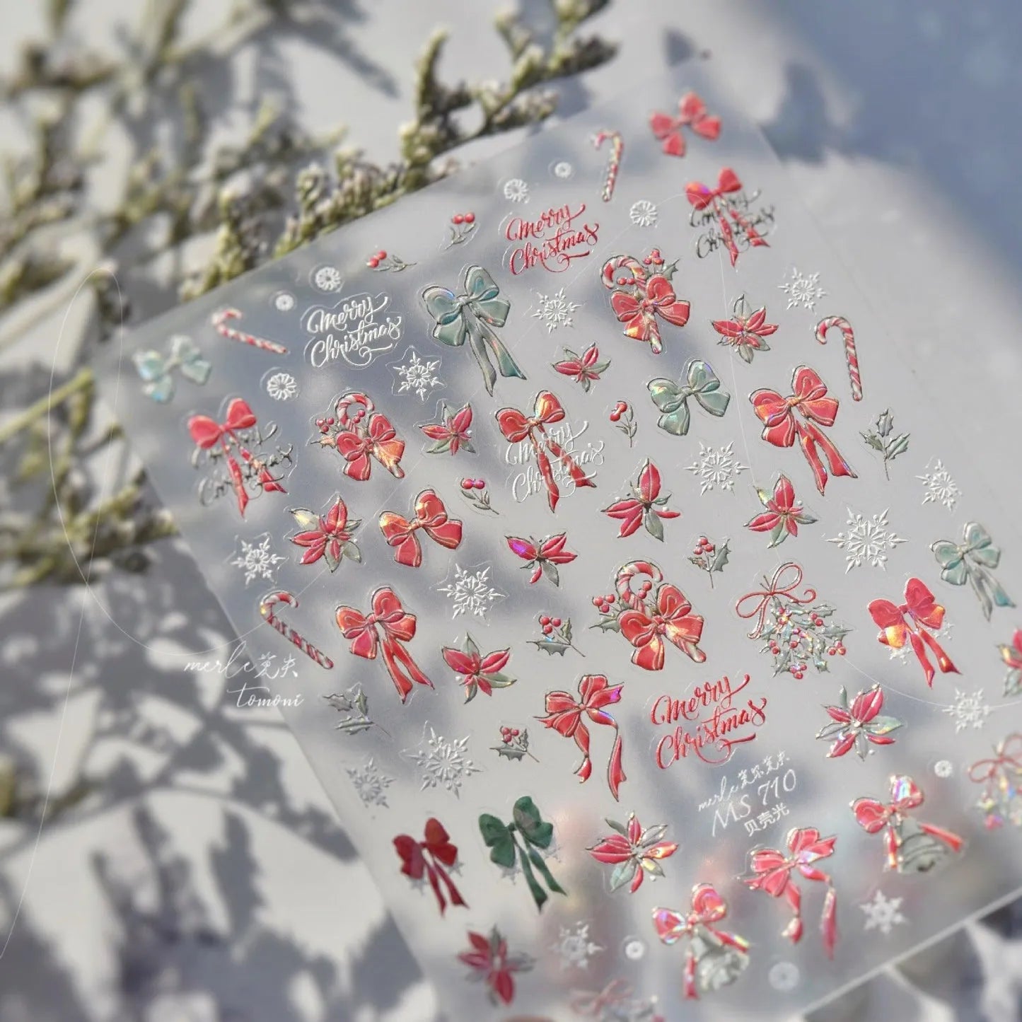 Christmas Bow-knot Ribbon Nail Art Stickers Adhesive Embossed Christmas Candy Canes Sticker Decals MS710 shell light