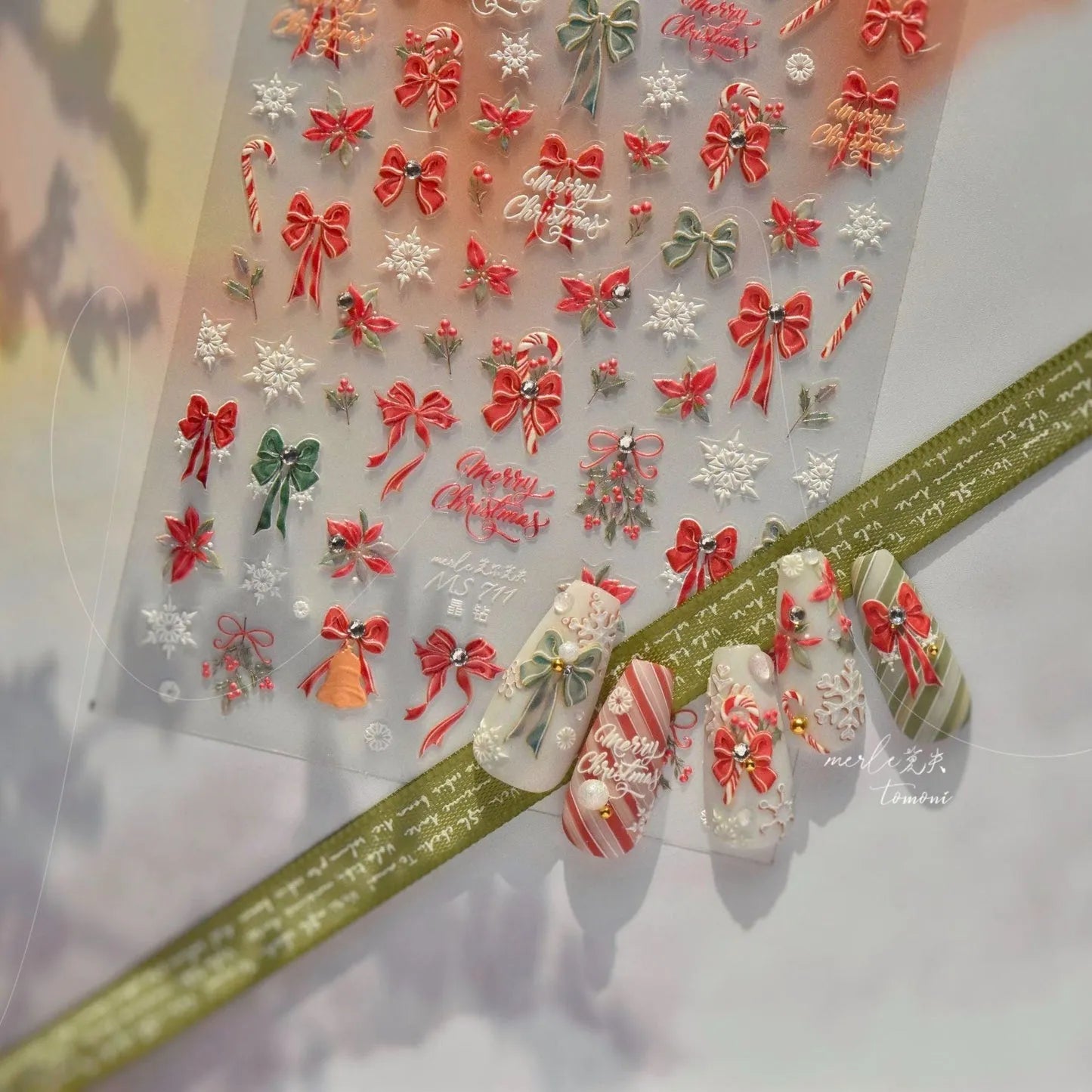 Christmas Bow-knot Ribbon Nail Art Stickers Adhesive Embossed Christmas Candy Canes Sticker Decals MS711 embossed