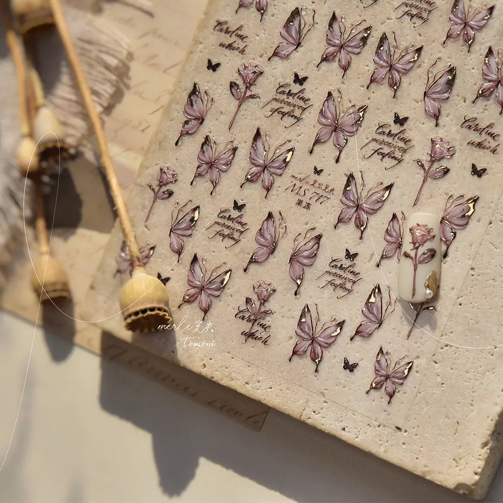 Coquette Aesthetic 5D Butterfly & Rose Nail Stickers - Holographic Script Decals