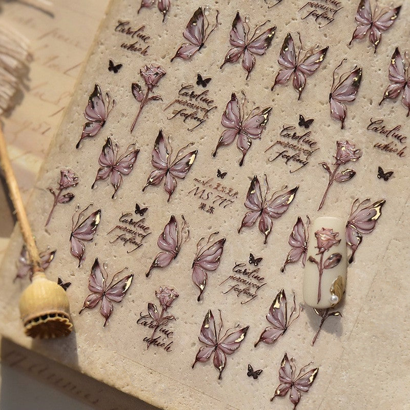 Coquette Aesthetic 5D Butterfly & Rose Nail Stickers - Holographic Script Decals