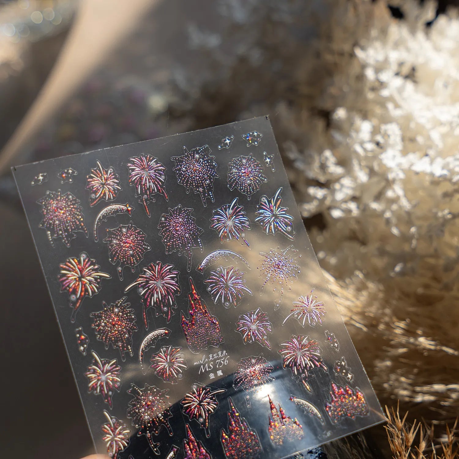 Shiny Glitter Fireworks Nail Art Stickers Adhesive Castle Sticker Decals MS756 Pink