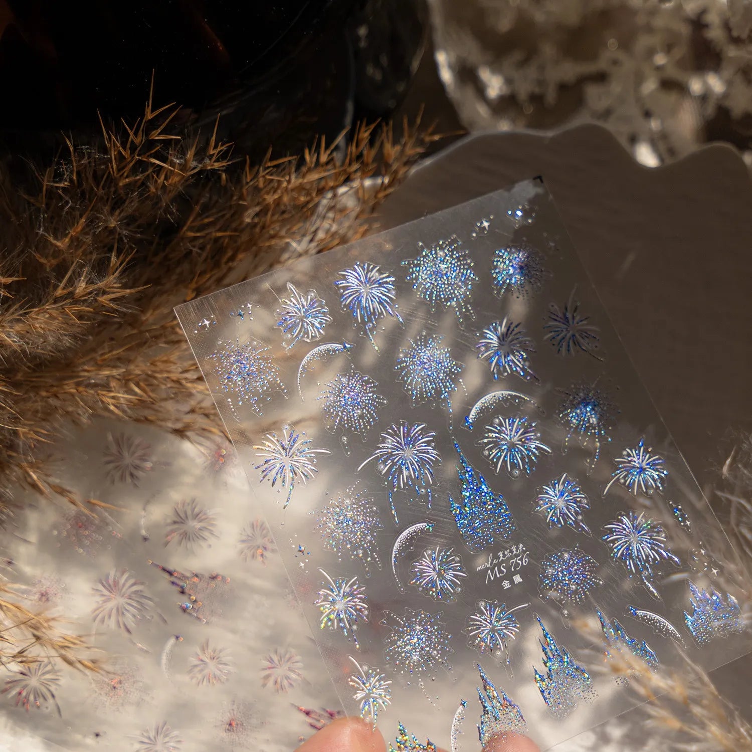 Shiny Glitter Fireworks Nail Art Stickers Adhesive Castle Sticker Decals MS756 Silver