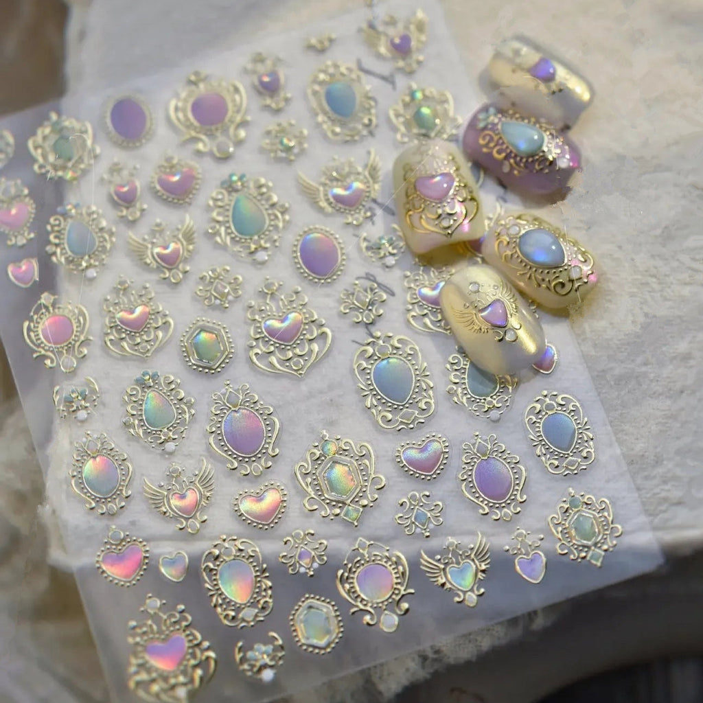 3D Vintage Aurora Gem Nail Stickers | Metal Baroque Frame & Jewel Decals MS797