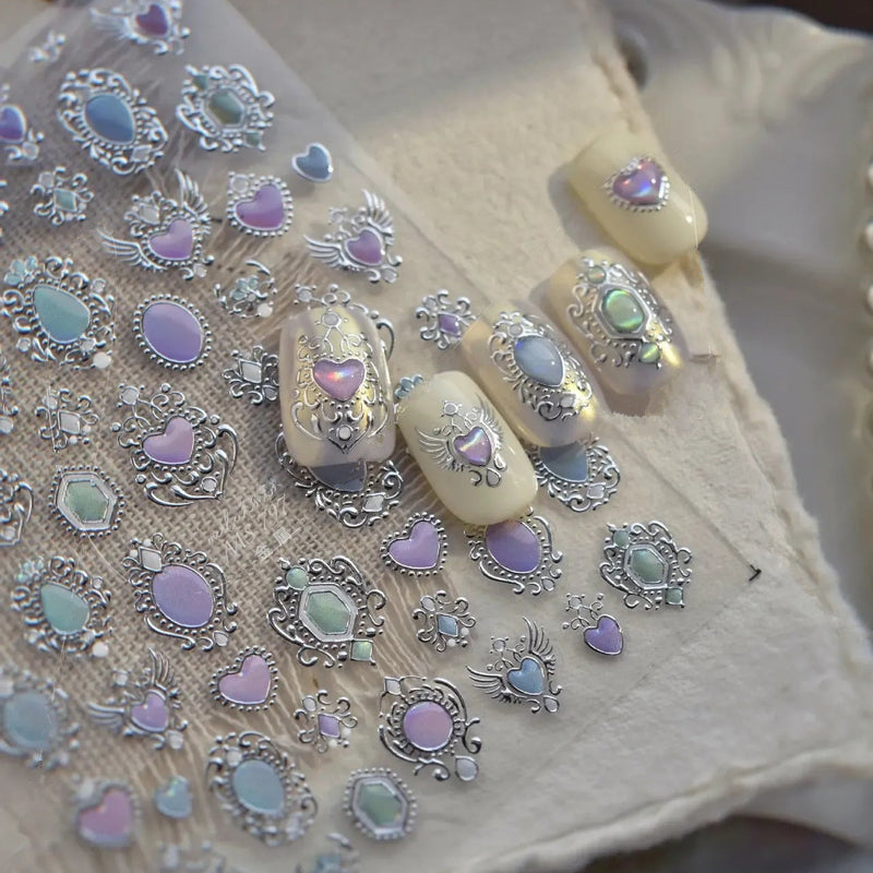 3D Vintage Aurora Gem Nail Stickers | Metal Baroque Frame & Jewel Decals MS797