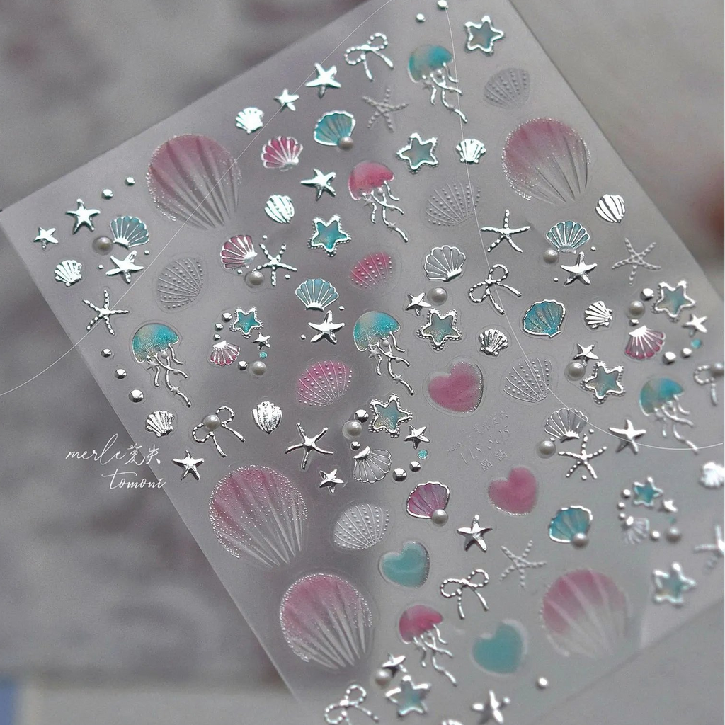 5D Ocean Nail Stickers – Gold & Silver Seashell, Starfish & Jellyfish Nail Art Decals MS805