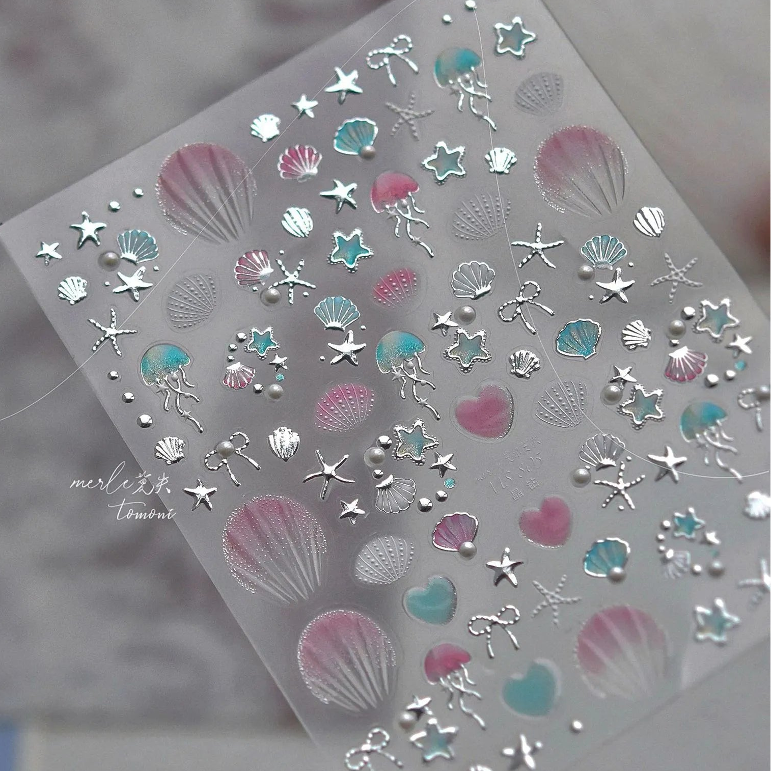 5D Ocean Nail Stickers – Gold & Silver Seashell, Starfish & Jellyfish Nail Art Decals MS805