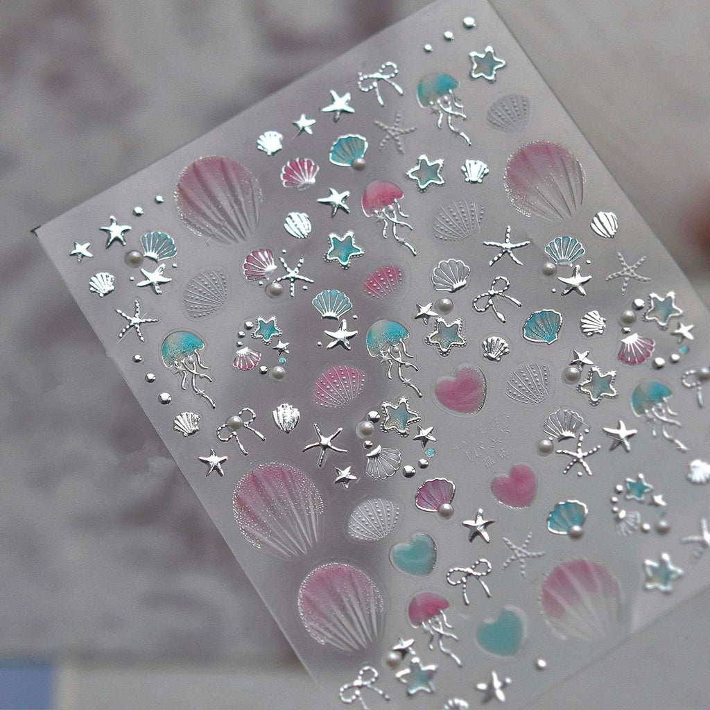5D Ocean Nail Stickers – Gold & Silver Seashell, Starfish & Jellyfish Nail Art Decals