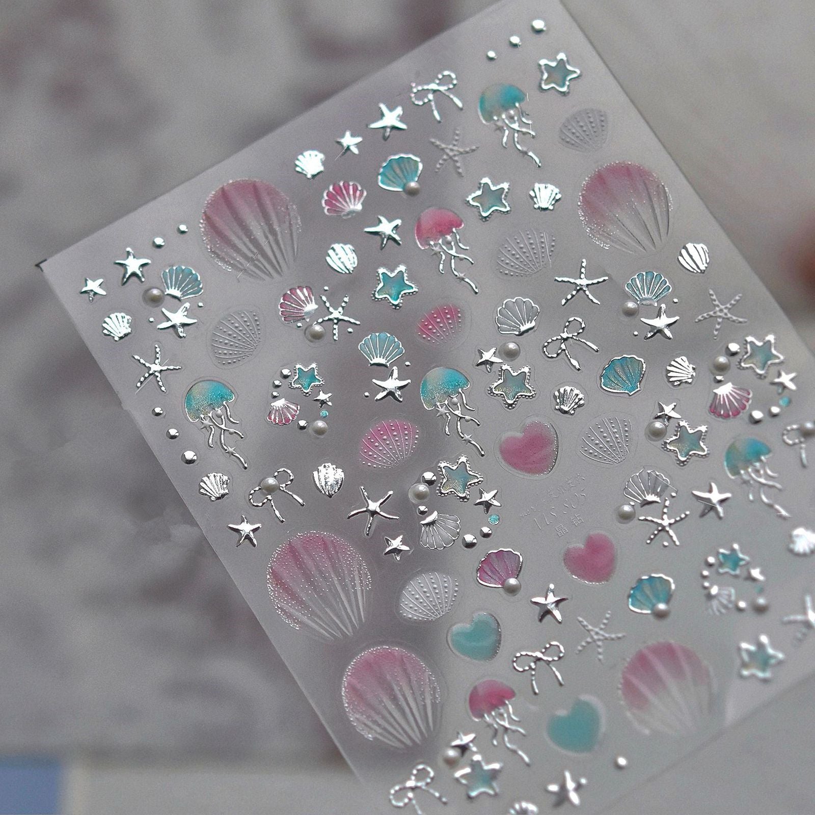 5D Ocean Nail Stickers – Gold & Silver Seashell, Starfish & Jellyfish Nail Art Decals
