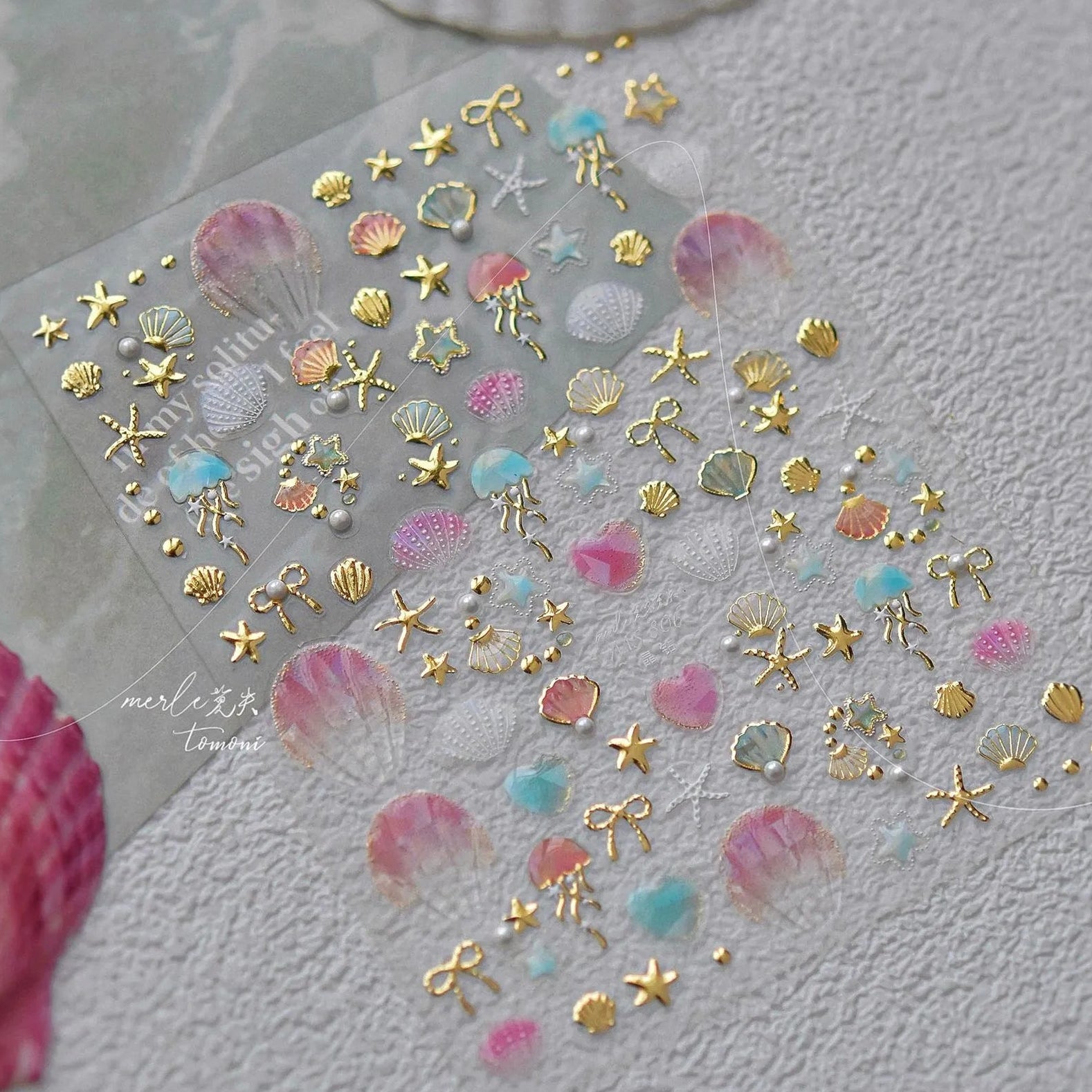 5D Ocean Nail Stickers – Gold & Silver Seashell, Starfish & Jellyfish Nail Art Decals MS806