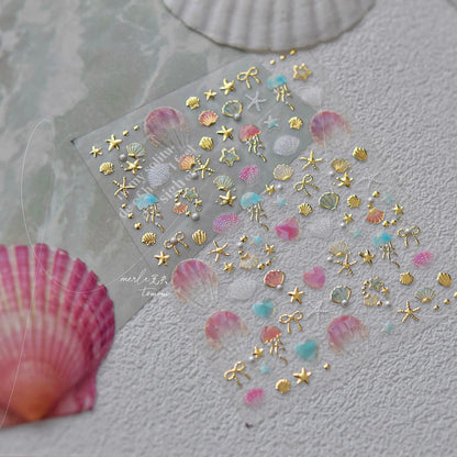 5D Ocean Nail Stickers – Gold & Silver Seashell, Starfish & Jellyfish Nail Art Decals MS805